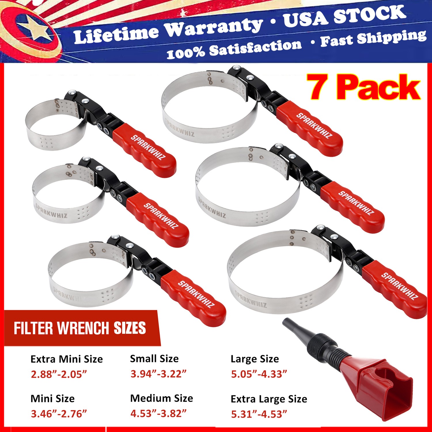 SPARKWHIZ Oil Filter Wrenches Removal Tool Set 2-3/4″ – 5-1/4″ with Fuel Funnel