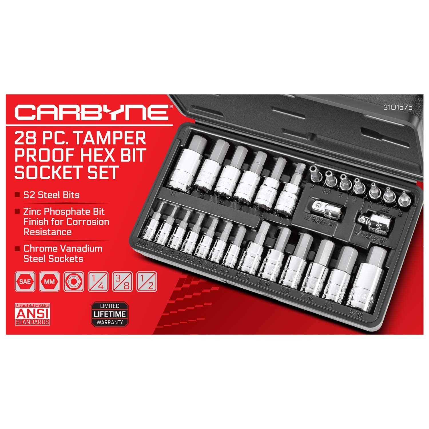 28-Piece Tamper-Proof Hex Bit Socket Set, SAE/Metric, S2 Steel, Durable Case