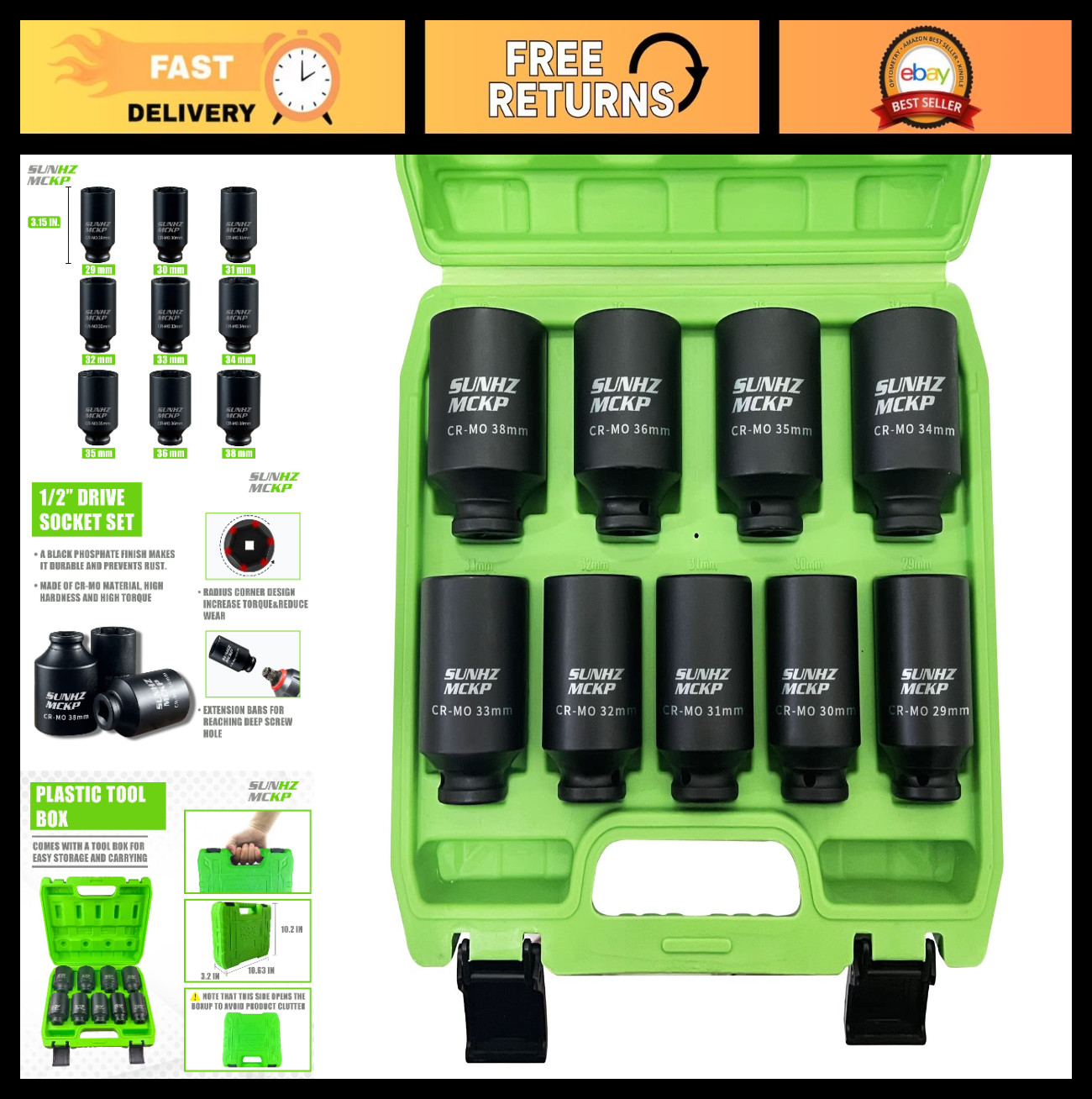 9-Piece 1/2″ Drive Deep 6-Point Impact Socket Set, Metric Cr-Mo Axle Nut 29-38mm