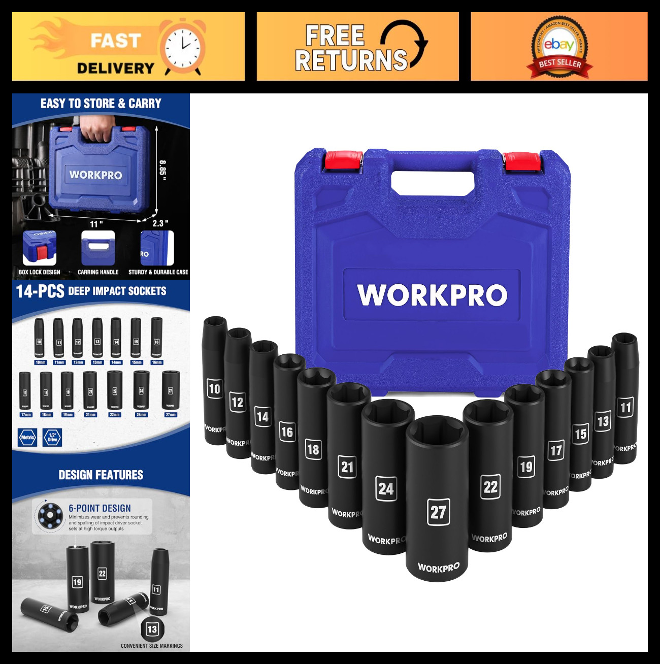 14-Piece 1/2″ Drive Deep Impact Socket Set, 6-Point, Heavy Duty Case, 10mm-27mm