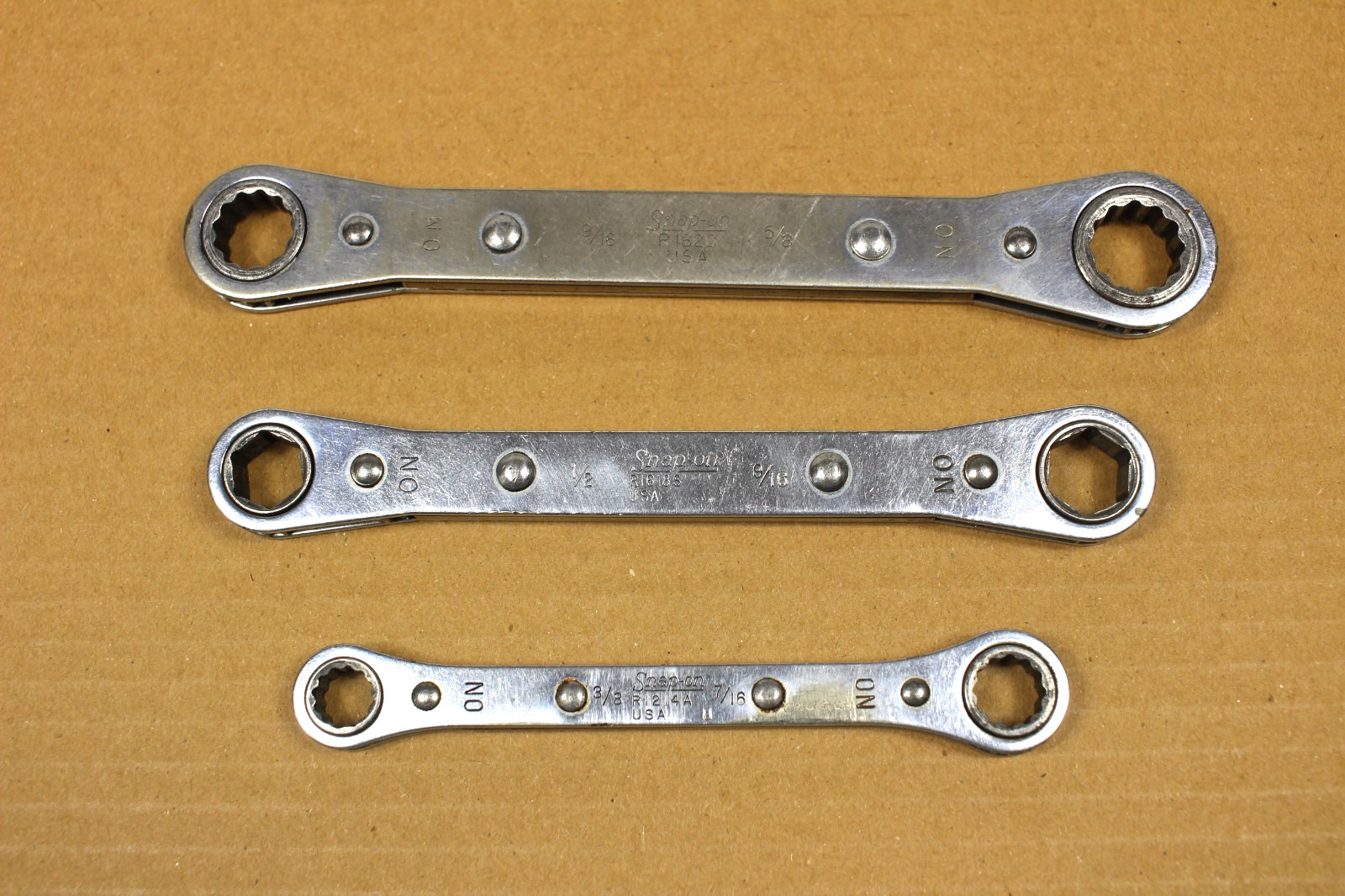 Snap-on 3/8″×7/16″-1/2”x9/16” -9/16”x5/8” 12pt Ratchet Wrench Lot Of 3 Pcs.