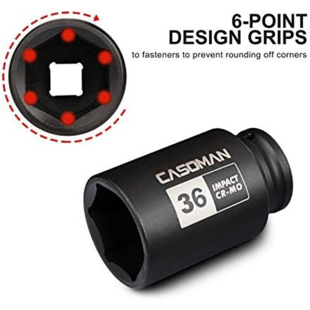 1/2″ Drive X 36 Mm Deep 6 PT Impact Socket, CR-MO, Drive 6 Point Axle Nut Socket