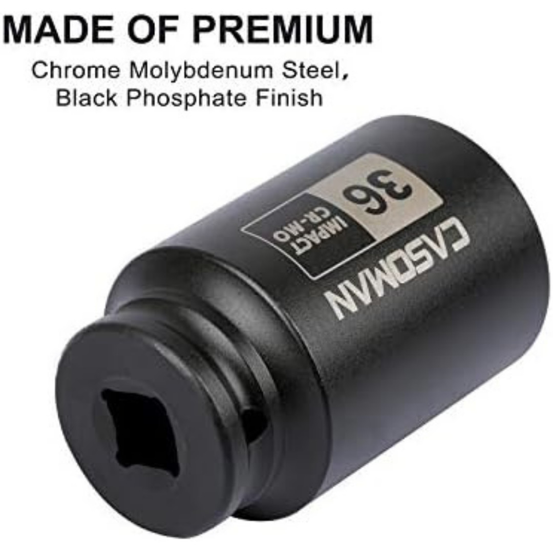 1/2″ Drive X 36 Mm Deep 6 PT Impact Socket, CR-MO, Drive 6 Point Axle Nut Socket