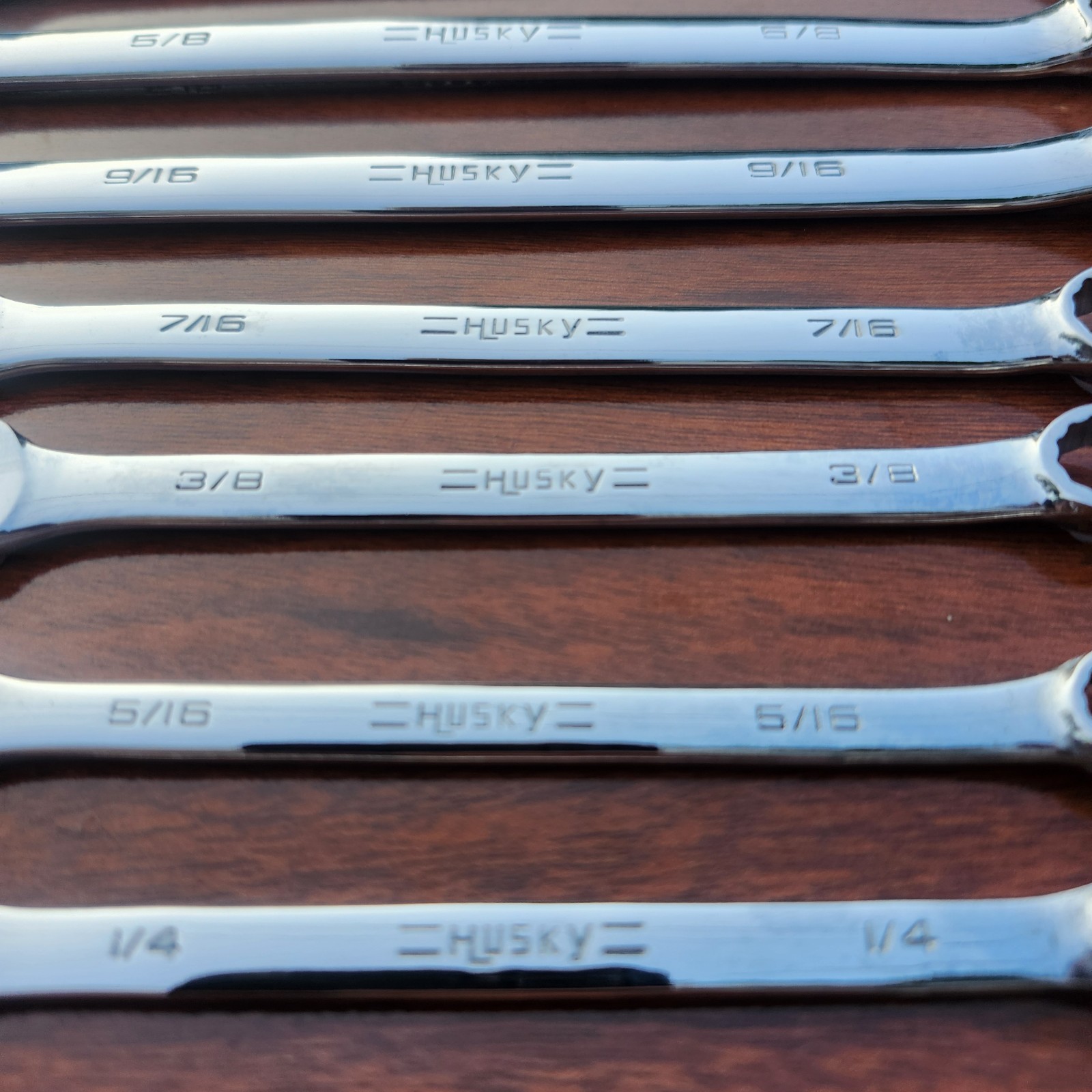 Vintage =Husky= USA 1-1/8″ to 1/4″ Full Polished Comb Wrench Set 11 Pc USA 🇺🇸