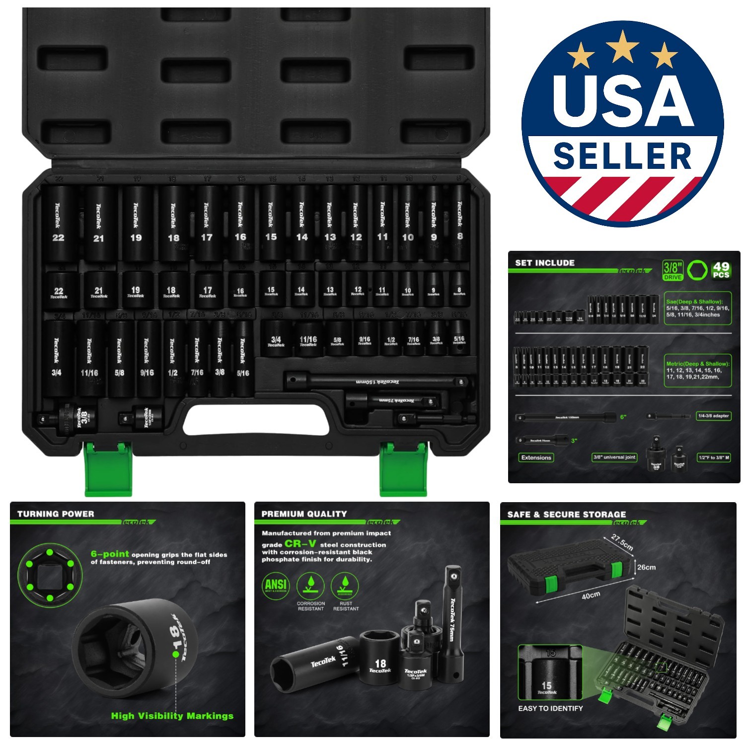 Durable 3/8″ Drive Impact Socket Set, 49-Piece SAE & Metric with Extension Bars
