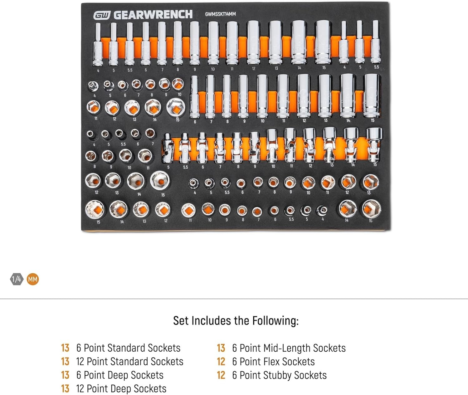 89 Piece 1/4� Drive Master Metric Socket Set in Foam Storage Tray-GWMSSKT14MM