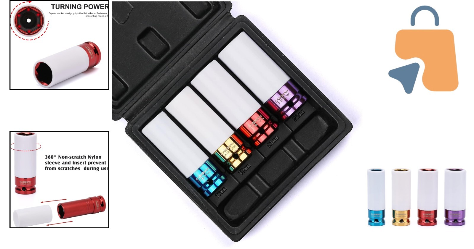 Color-Coded 1/2-Inch Drive Impact Socket Set with Blow-Molded Case, 4 Pieces