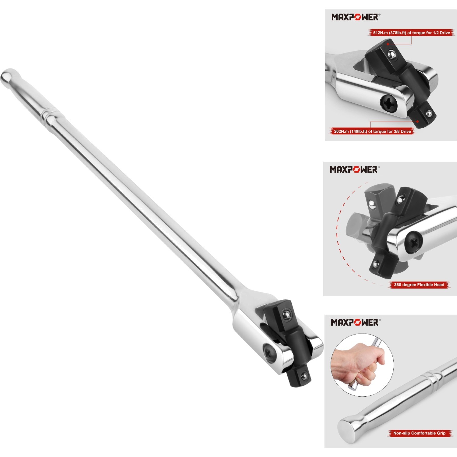 15-inch Breaker Bar 1/2″ & 3/8″ Dual Drive Flex Head Chrome Vanadium Steel Tool