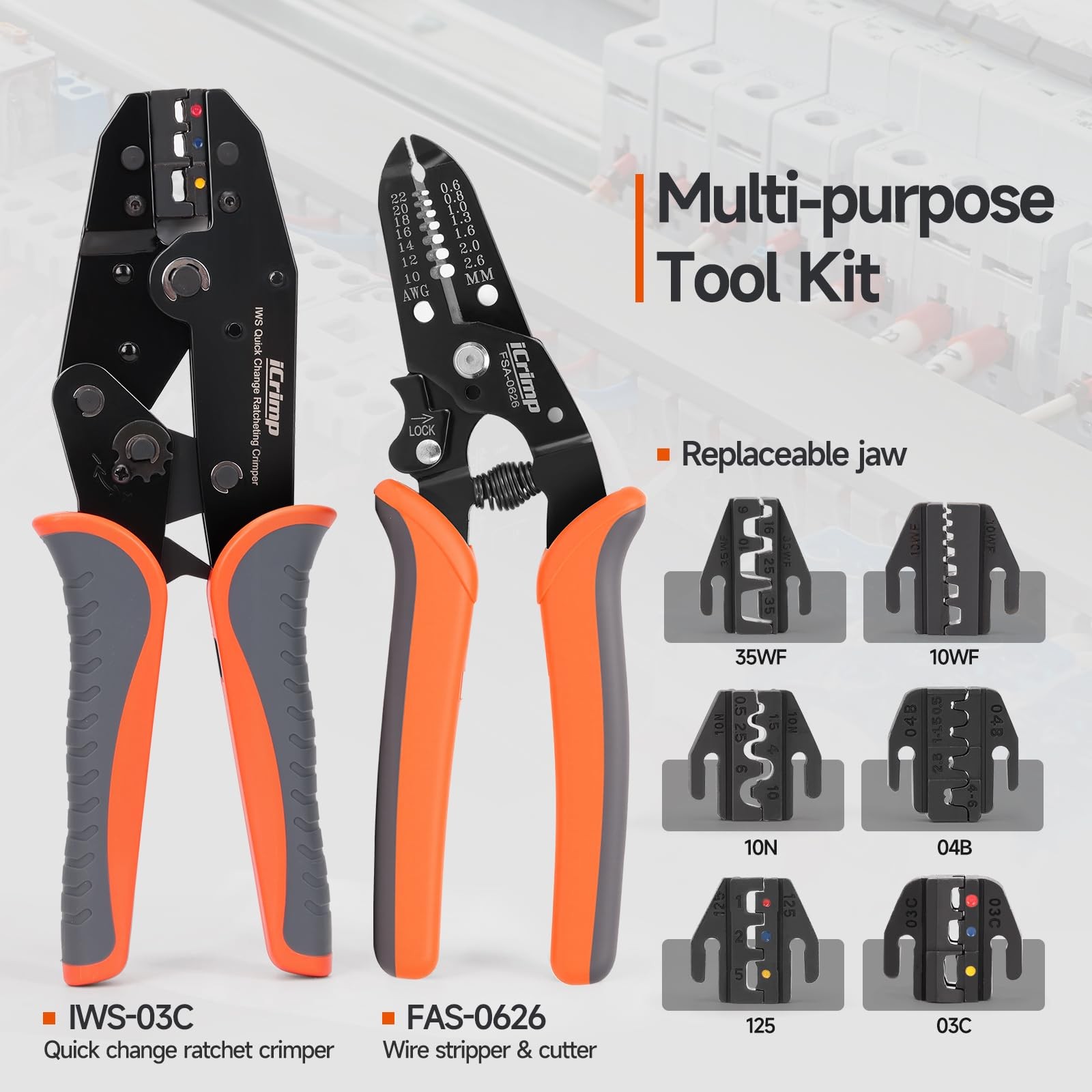 Ratcheting Crimping Tool Set 8PCS Quick Exchange Jaw Heat Shrink Open Non-Insula