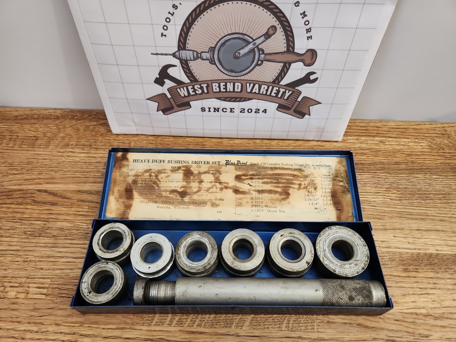 Snap On Blue-Point A-158 Heavy Duty Bushing Driver Set (1-5/16»-1-7/8») w Case