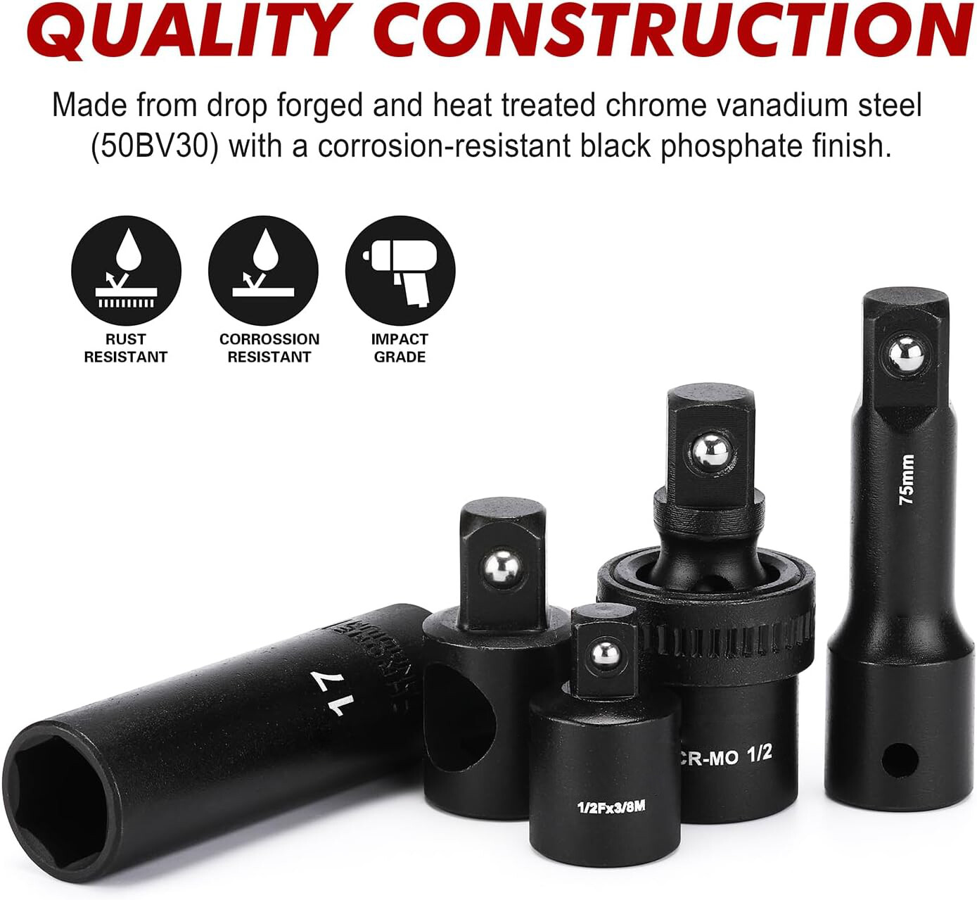 38PCS 1/2″ Drive Master Impact Socket Set Deep SAE (3/8″ To 1-1/4″) CR-V