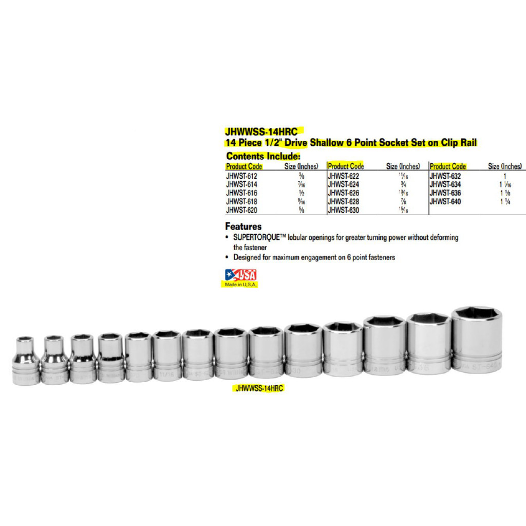 14-Piece 1/2″ Drive Shallow 6-Pt. Socket Set on Clip Rail,SAE,Williams WSS-14HRC