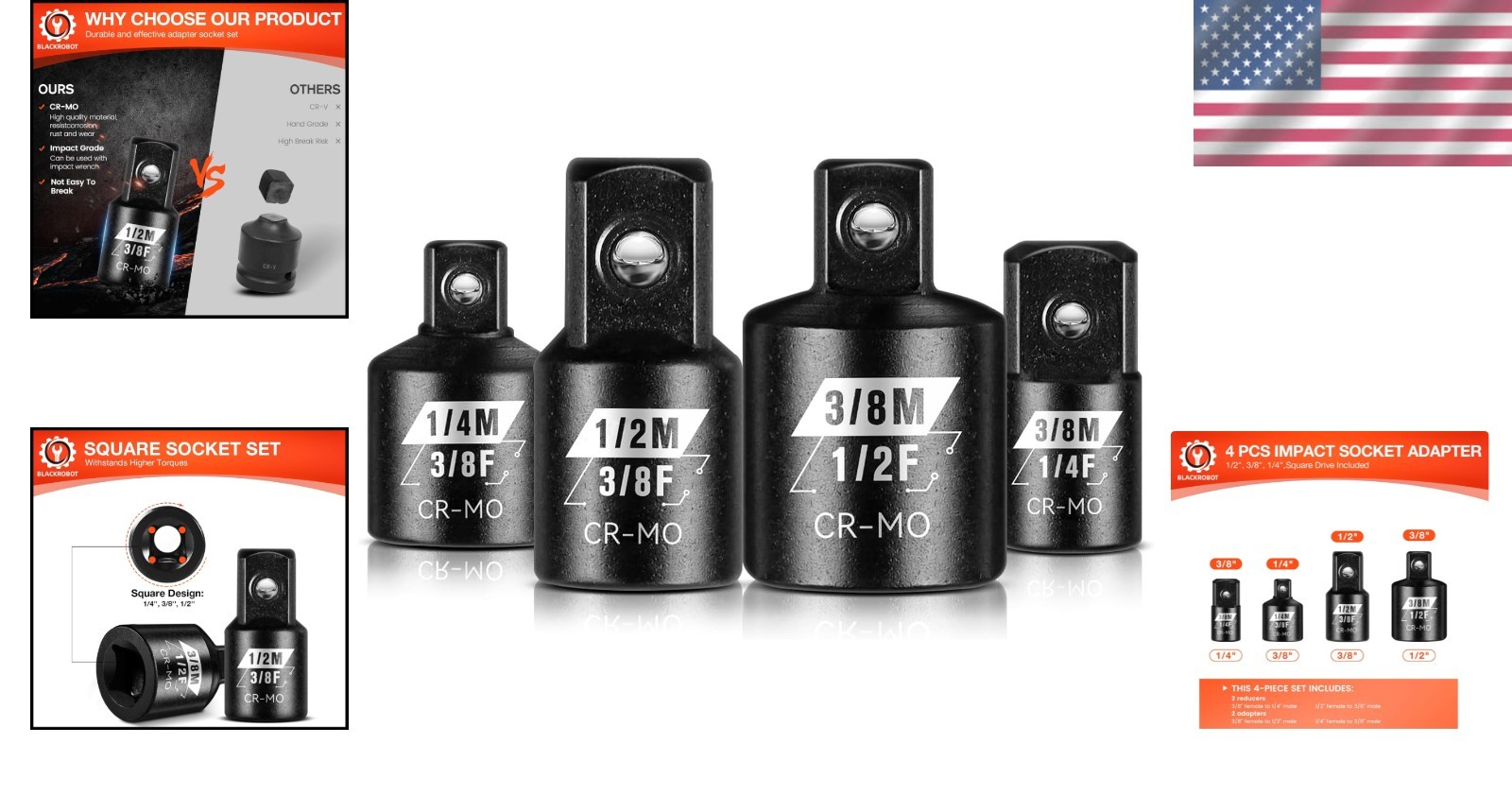 Impact Socket Adapter Set – 4 pcs, Chrome Molybdenum Steel, Corrosion Resista…