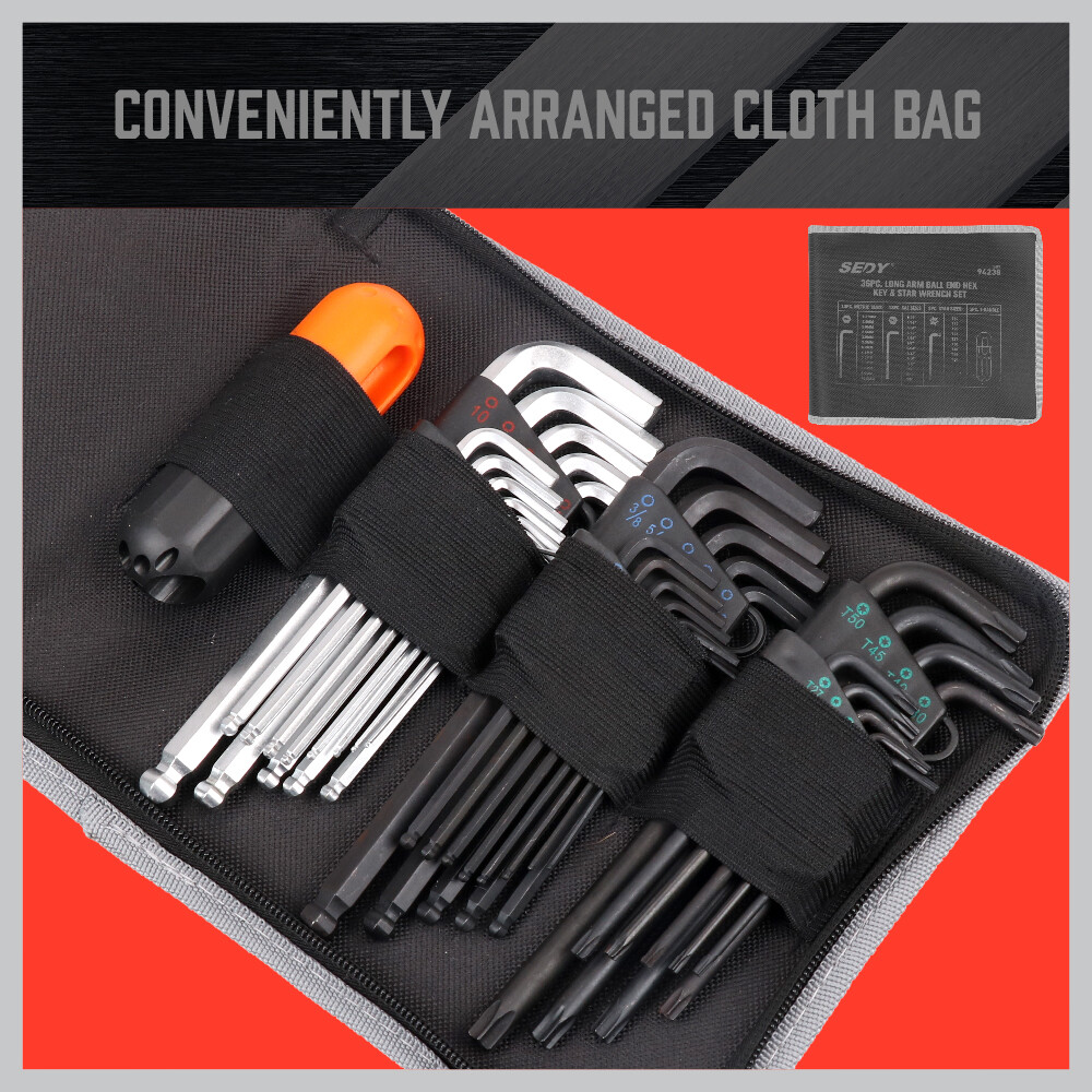 36 PC Long Arm Ball End Hex Key Allen Wrench Set Inch Metric Star With Bag Gift