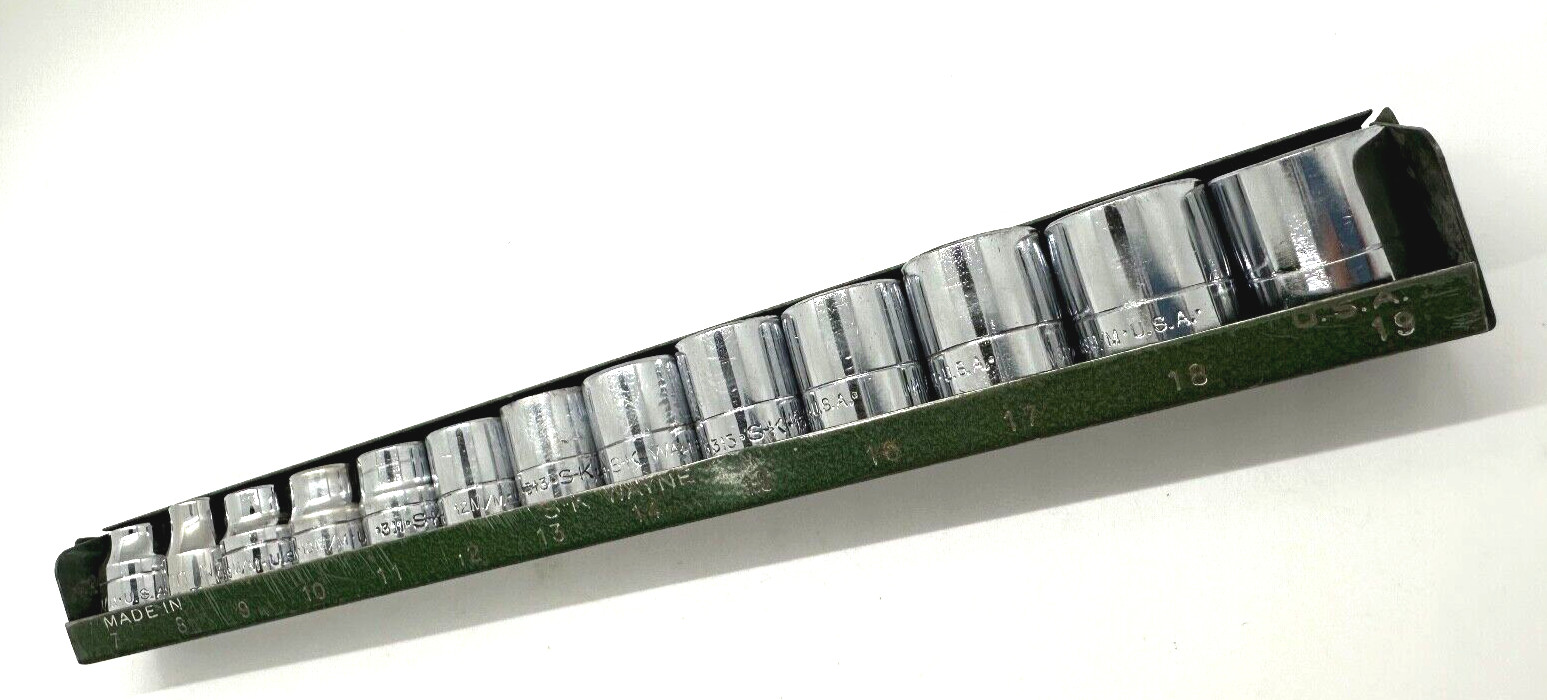 🇺🇸 SK Tools USA 7mm-19mm Metric Shallow 3/8″ DR Socket Set lot 6-PT Green Tray
