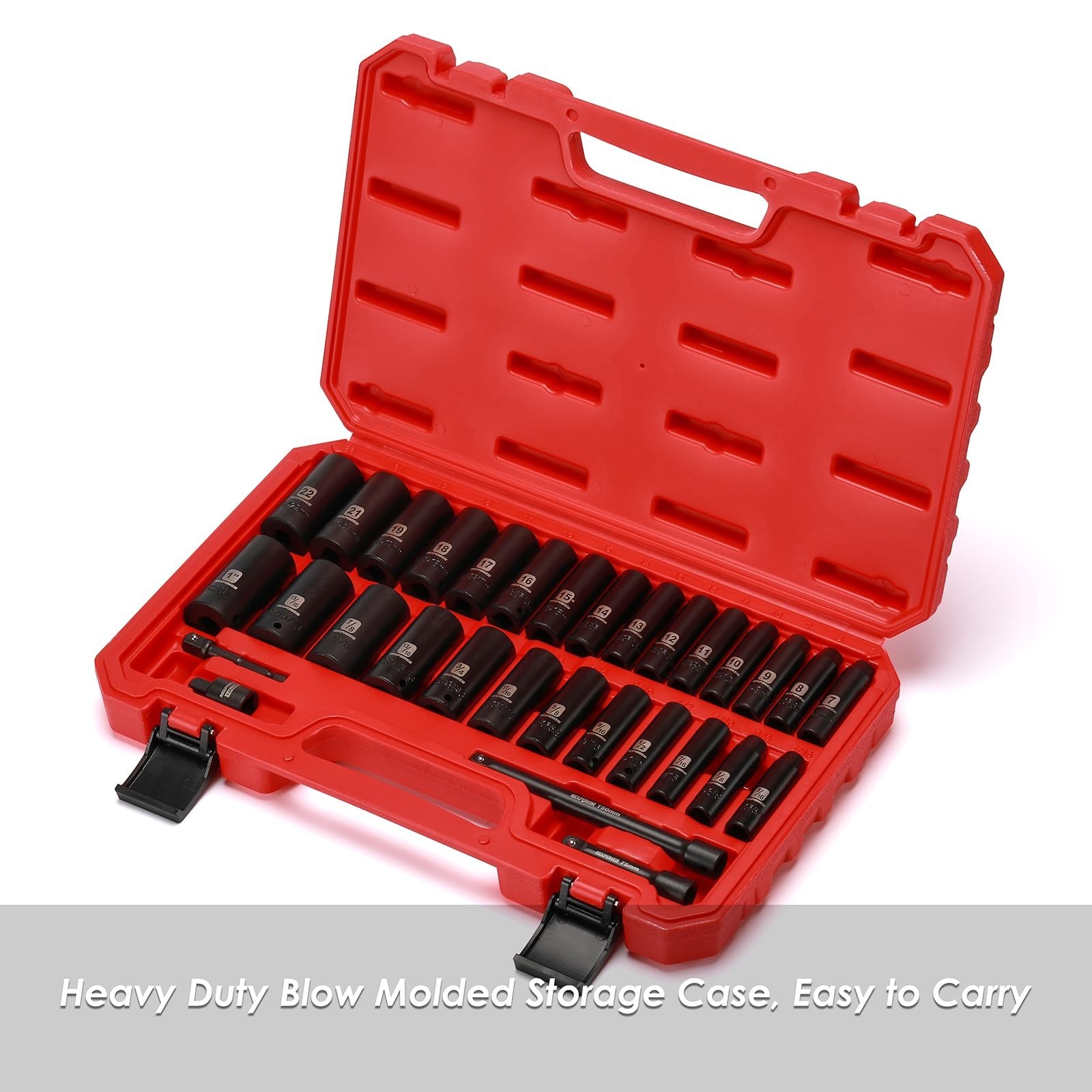 31-Piece 3/8″ Drive Deep Impact Socket Set, 6 Point SAE & Metric, Cr-V Steel