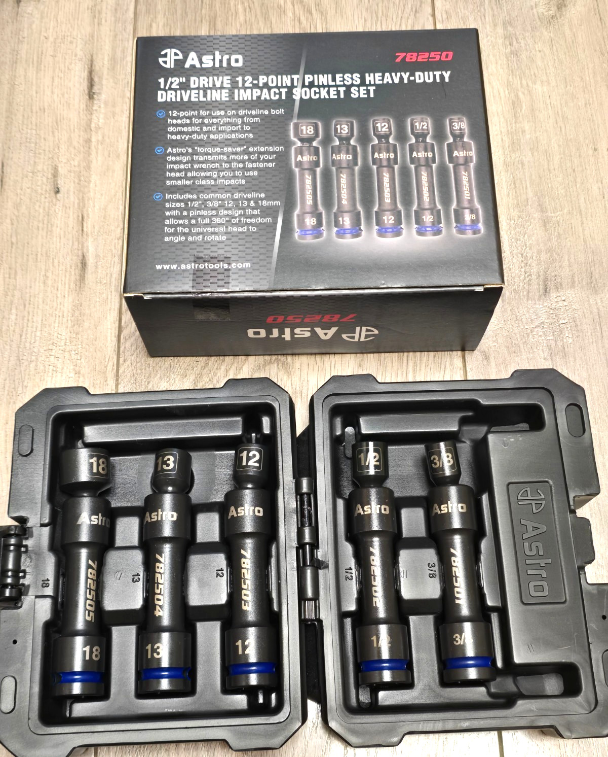 Astro Tools 78250, 5pc Universal Extended Drive Line Socket Set, 12pt, 1/2dr