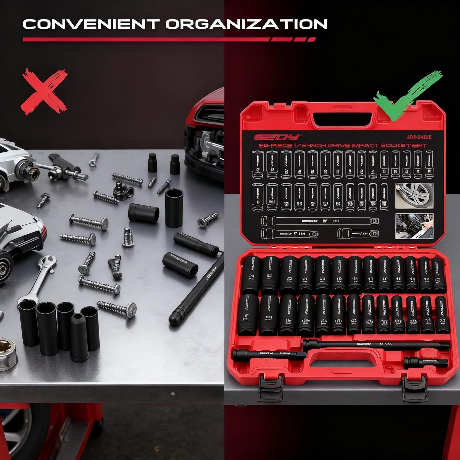 29-Piece Impact Socket Set 1/2″ Drive, SAE & Metric Deep Sockets, CR-V, Durable