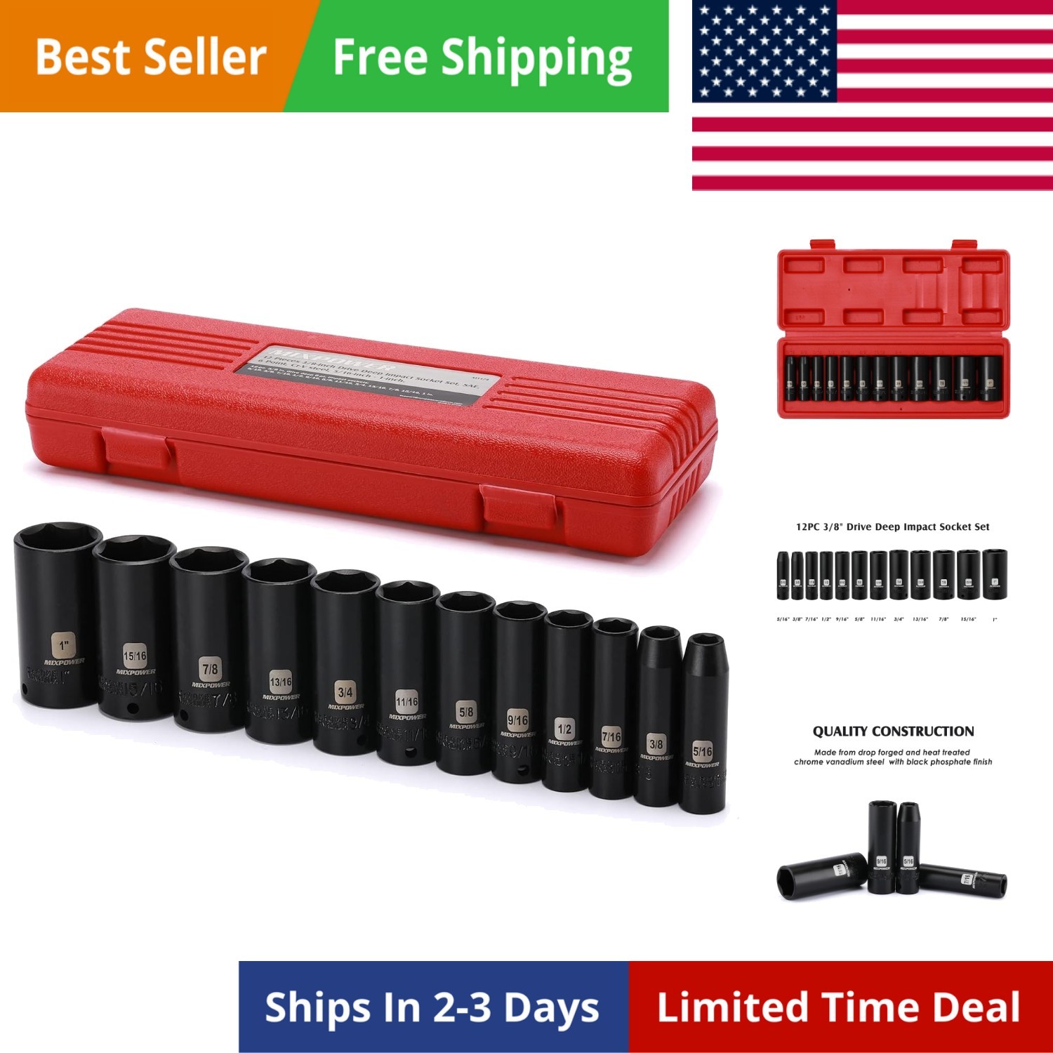 12 Pieces 3/8-Inch Drive Deep Impact Socket Set, 5/16 to 1 inch, CR-V, SAE, 6…
