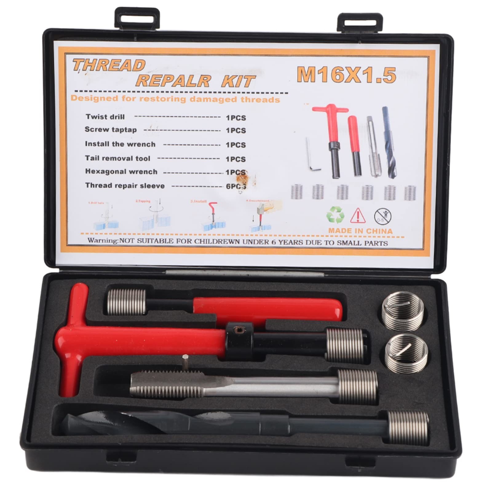 M16x1.5mm Thread Repair Kit – 11 Pieces, Stainless Steel, Hex Wrench, Tap & Inse