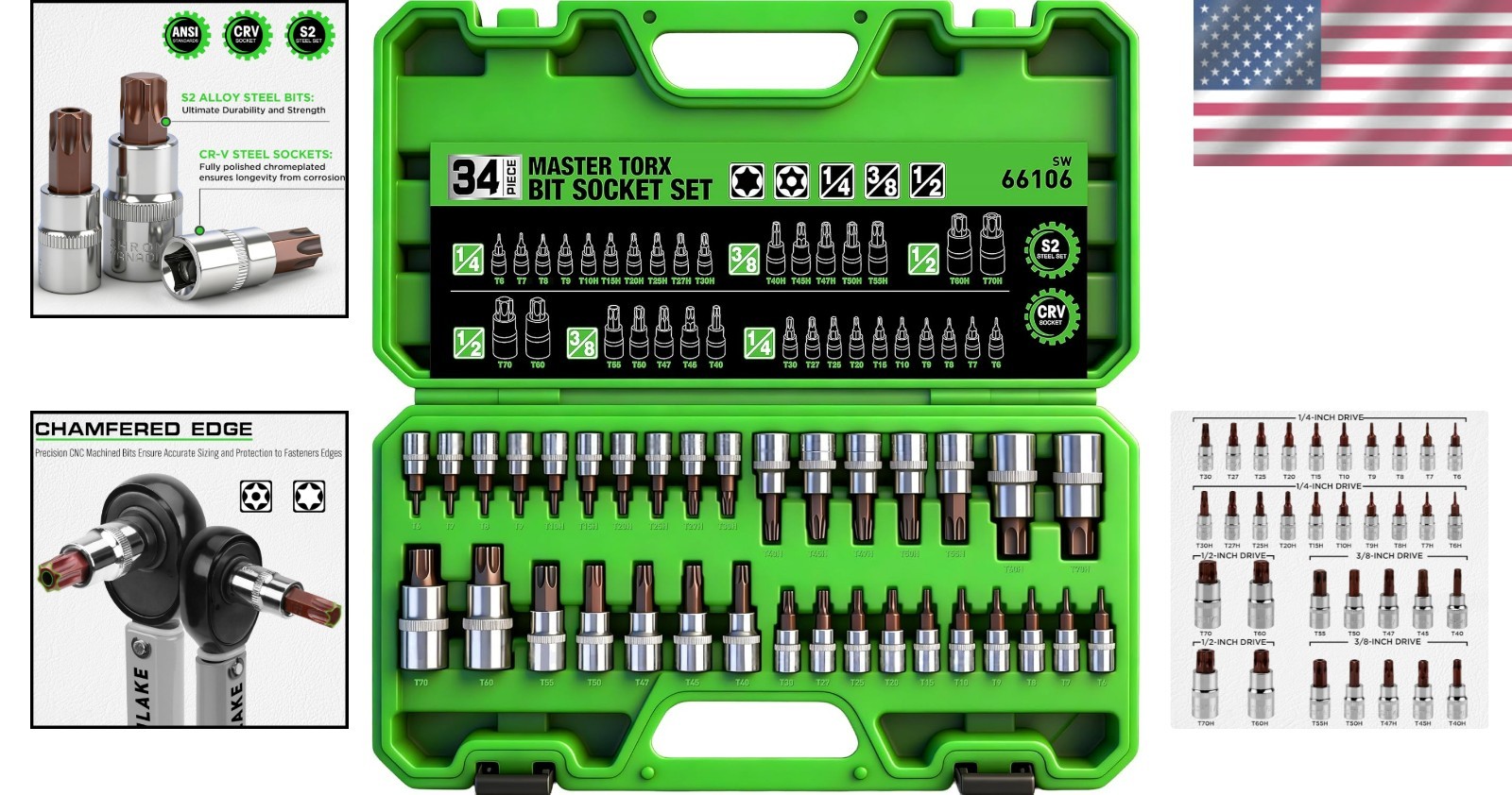 Master 34-Piece Torx Bit Socket Set for Automotive & Electronics – T6 to T70