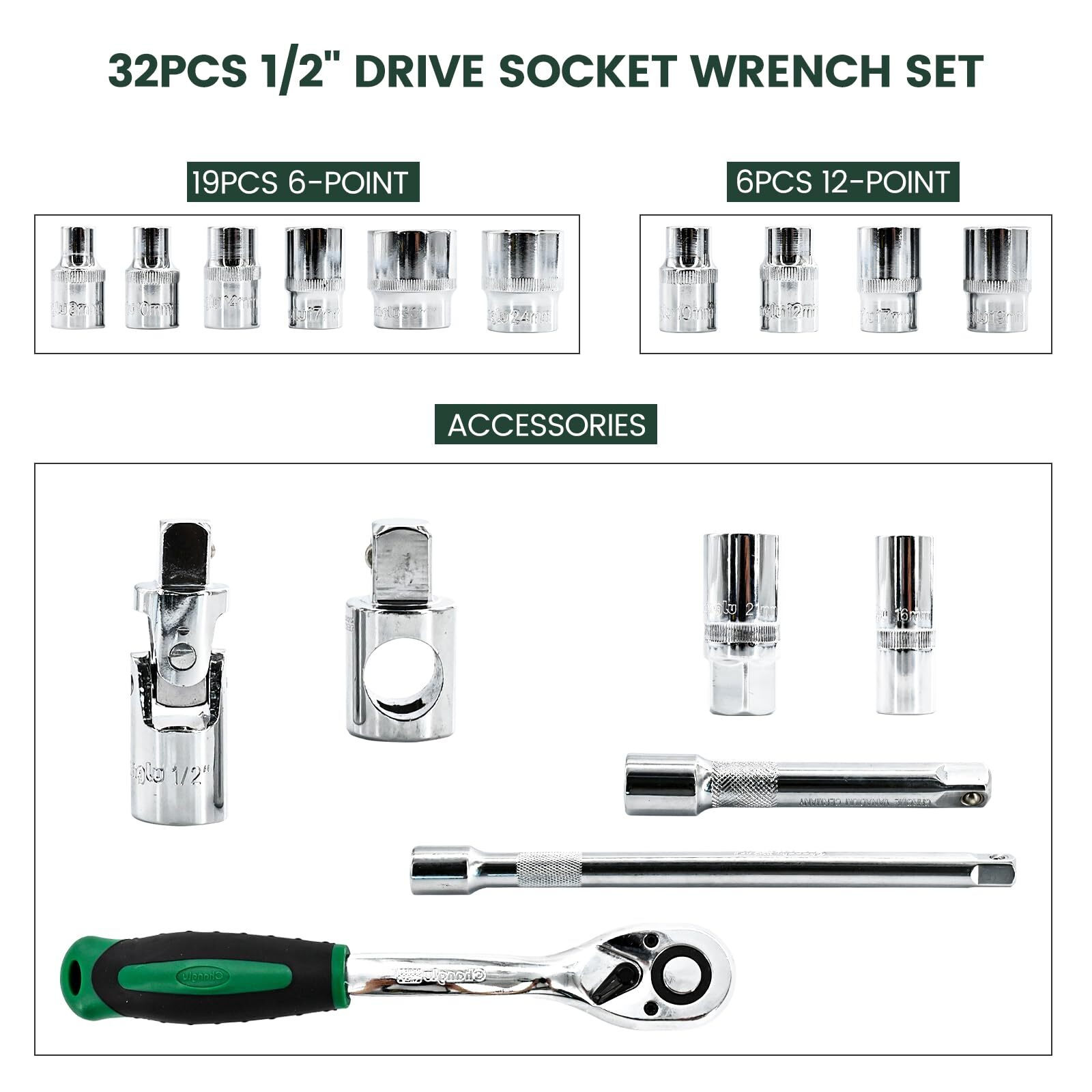 32 Pcs 1/2″ Drive Socket Set Metric 8-32mmm Sockets 1/2-Inch Ratchet