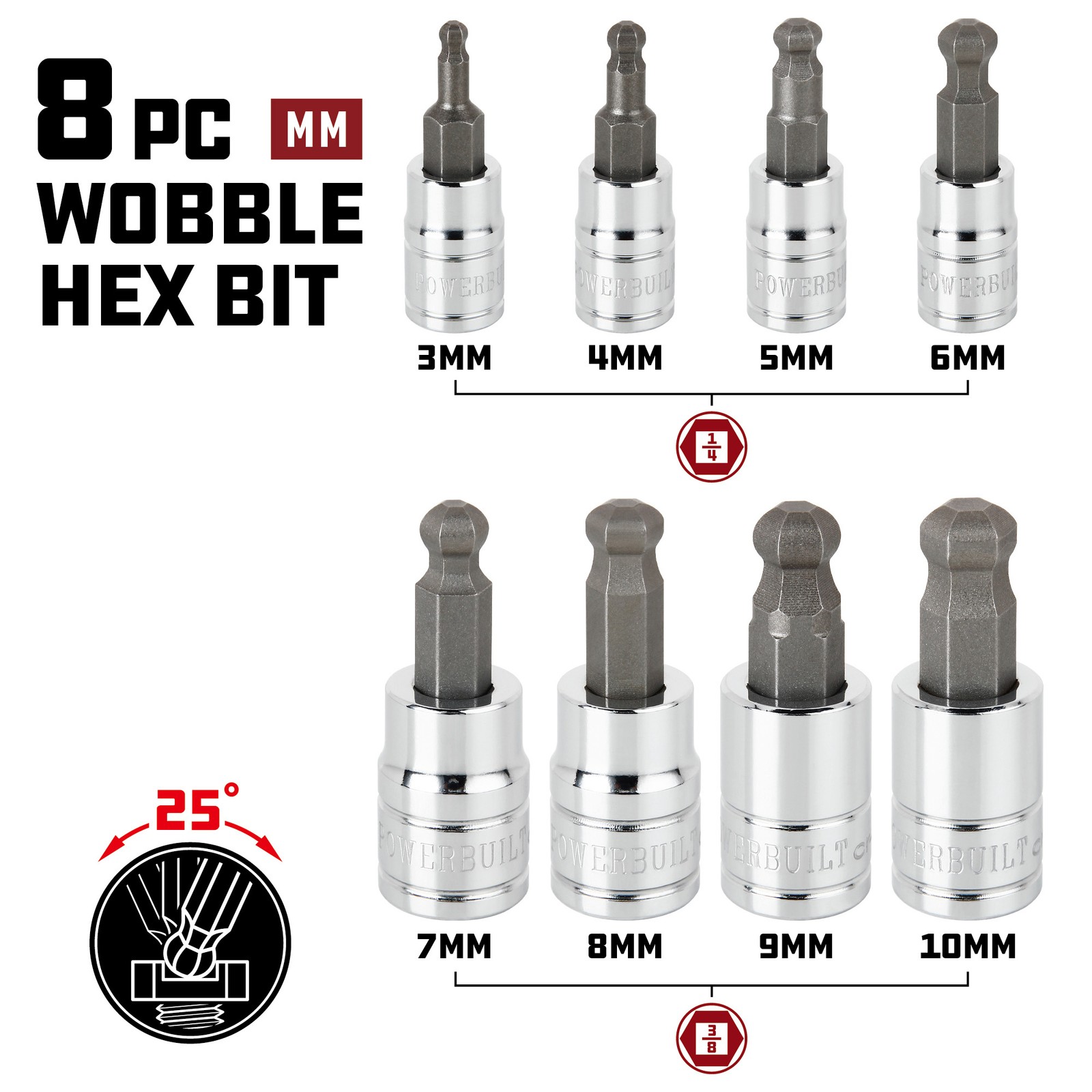 Powerbuilt 8 Piece 3/8 Inch Drive Metric Ball End Hex Bit Set – 642403