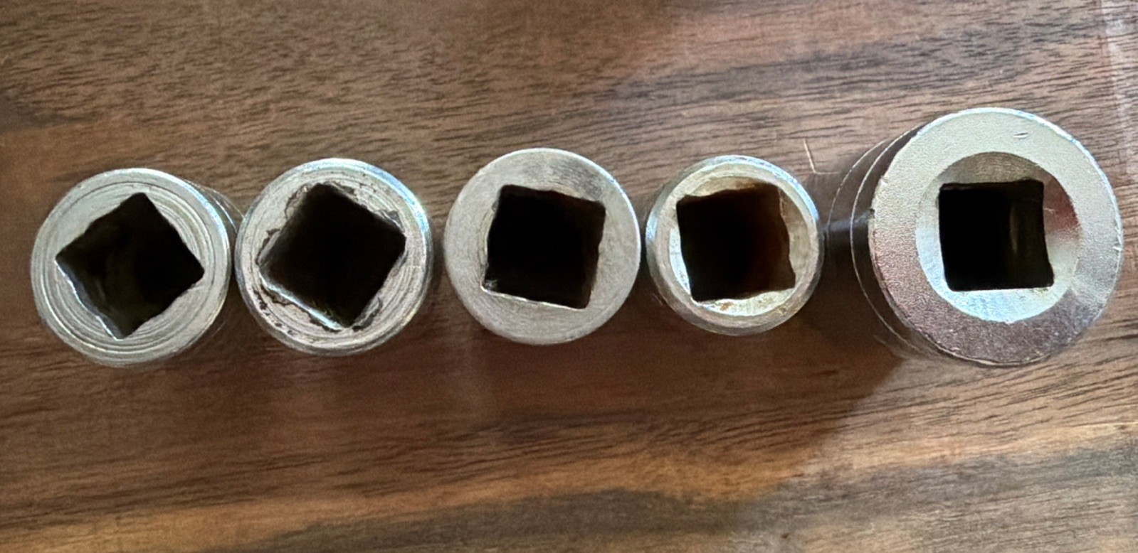Lot of 5, S-K Sockets 6 point 7/16, 1/2, 9/16 & 12 Point 5/8, 15/16 USA Shallow