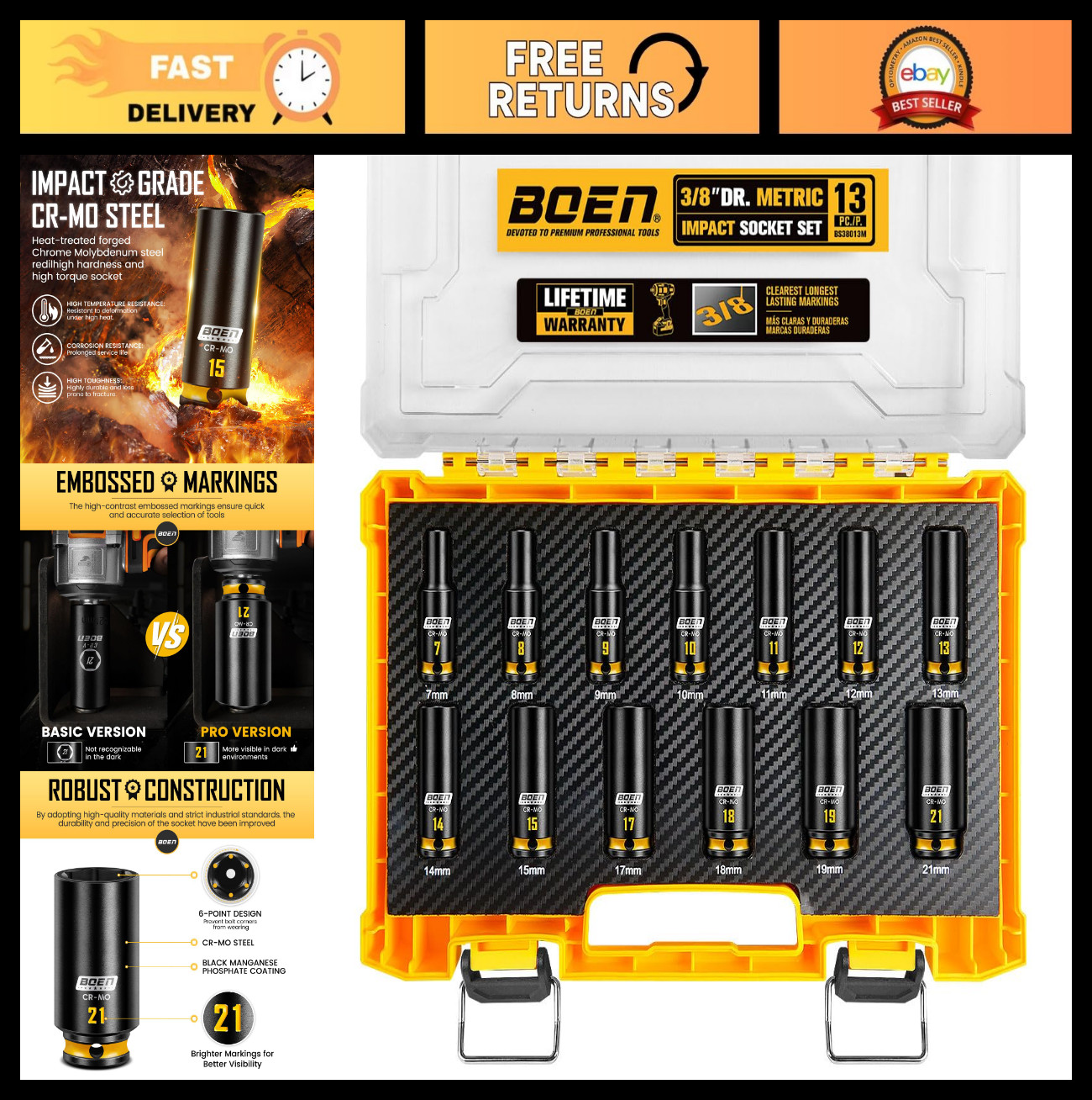 13PCS 3/8″ Drive Metric Socket Set, 7mm-21mm Impact Deep Sockets, 6-Point, CR-MO