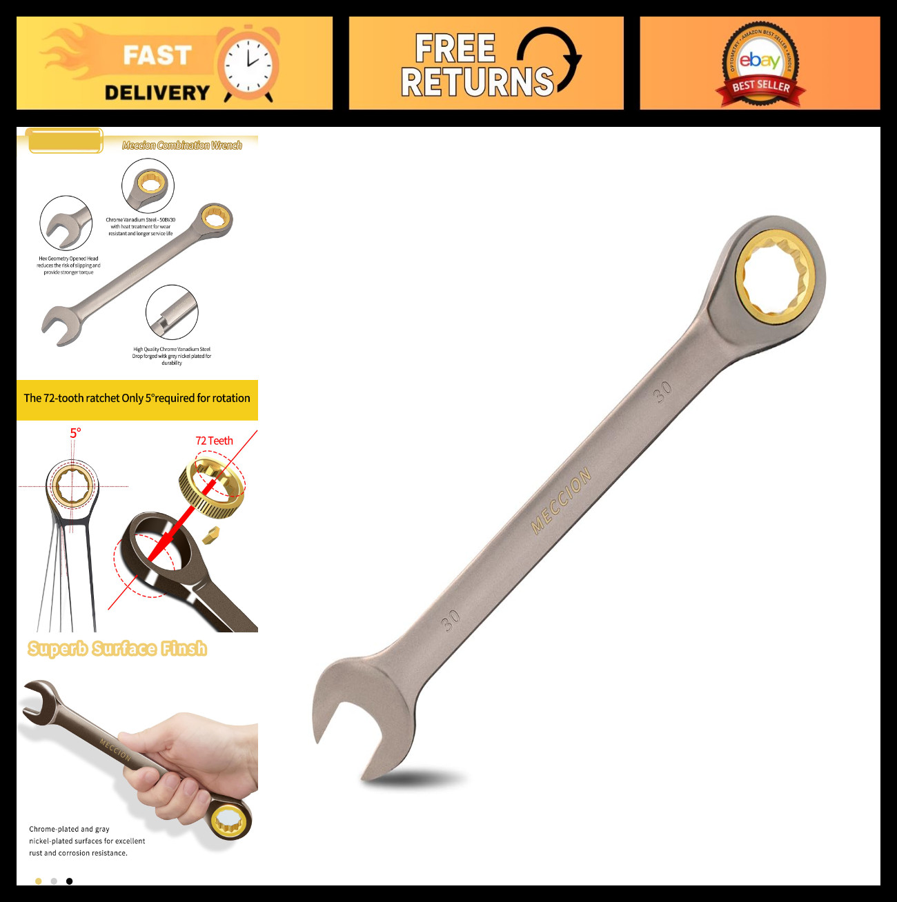 30mm Metric Open End Ratcheting Wrench – Industrial Gear Spanner, Grey Nickel Fi
