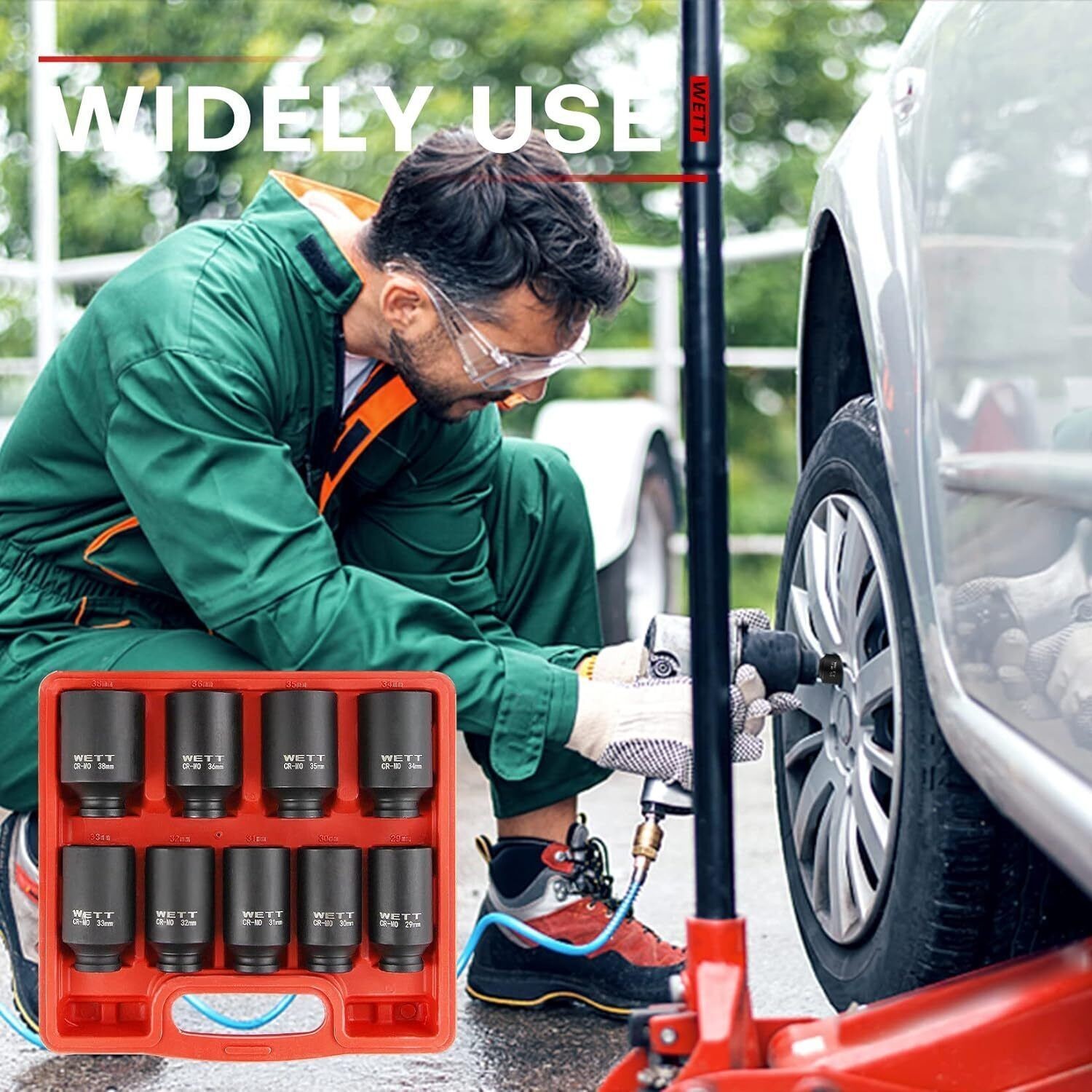 9-Pcs 1/2″Drive Deep 6-Point Impact Socket Set/Spindle Axle Nut Metric 29mm-38mm