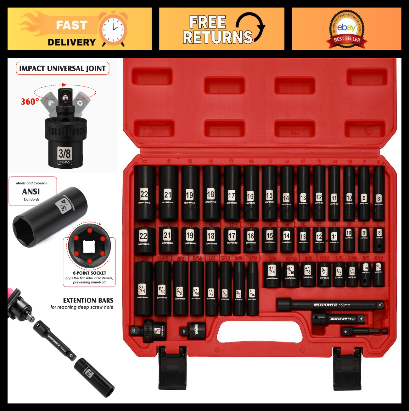 49-Piece 3/8″ Drive Deep Impact Socket Set – SAE & Metric, Cr-V Steel, 6 Point