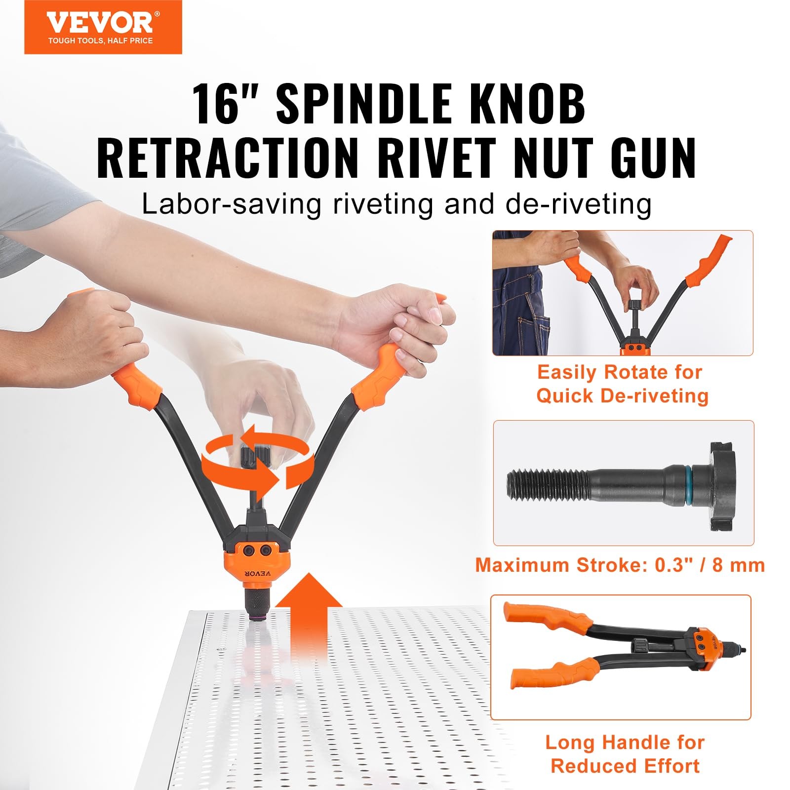 VEVOR 16″ Rivet Nut Tool, Labor-Saving Rivnut Tool Kit 16″, Orange & Black