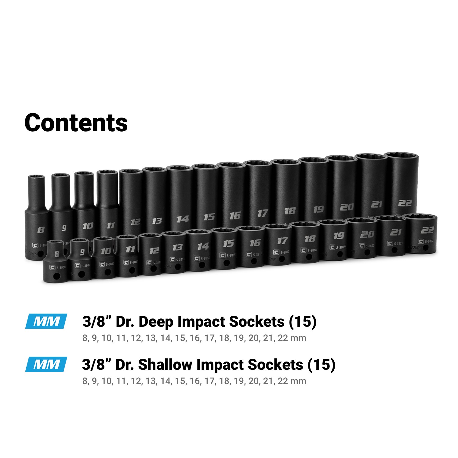 Capri Tools 3/8 in. Drive Shallow/Deep Impact Socket Set, 12-Point, Metric, 30Pc