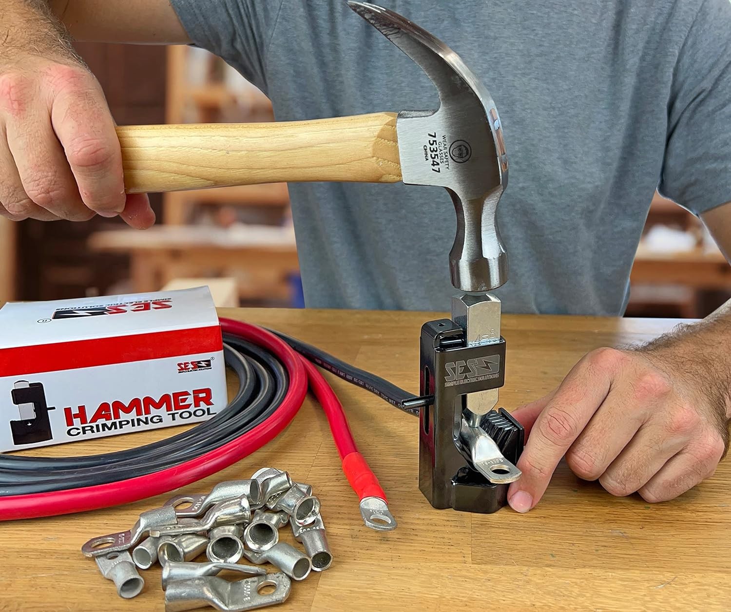 Hammer Battery Lug Crimping Tool for 8, 6, 4, 2, 1/0, 2/0, 3/0, Black, Grey