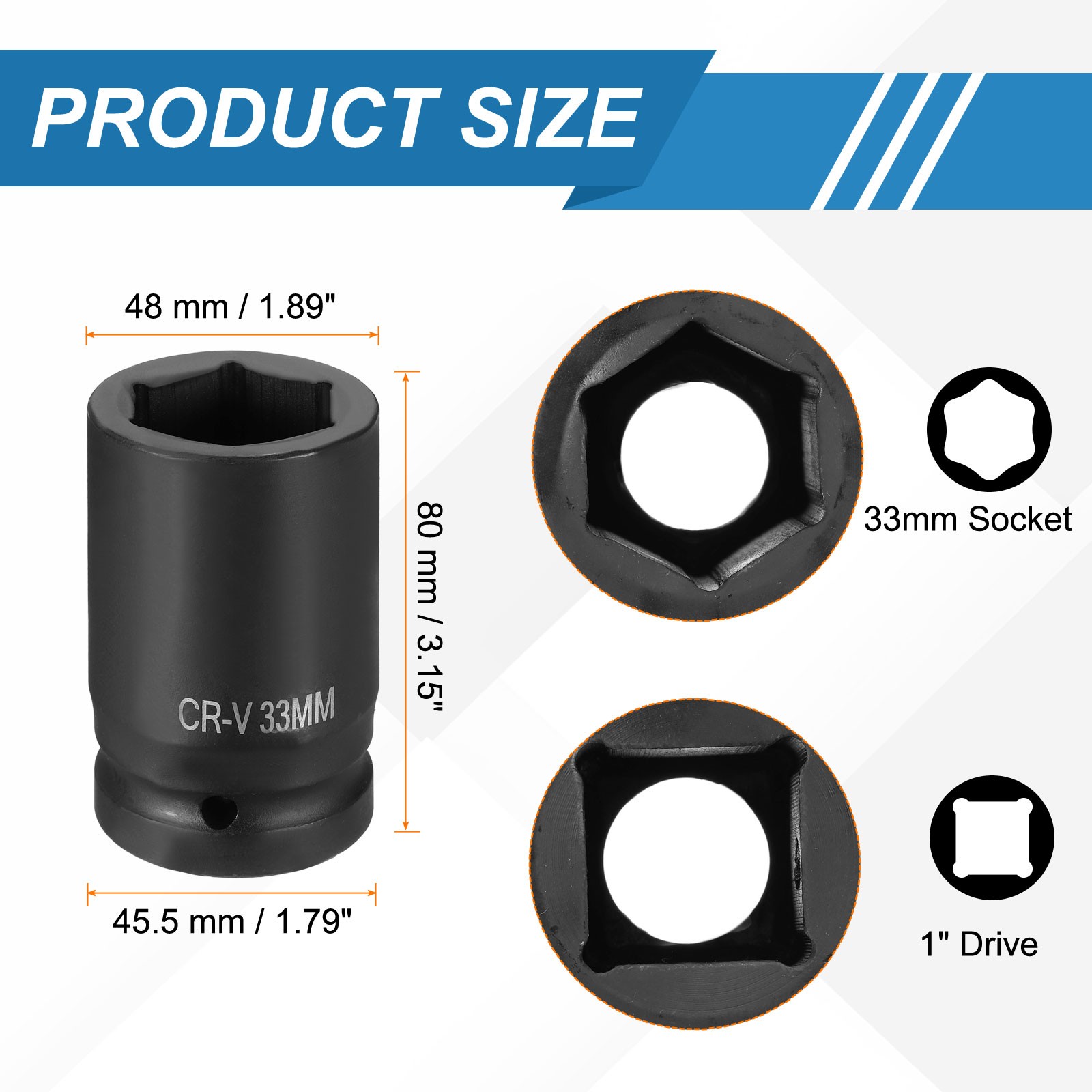 1 Inch Drive 33mm 6 Point Impact Socket Chromium Vanadium Steel
