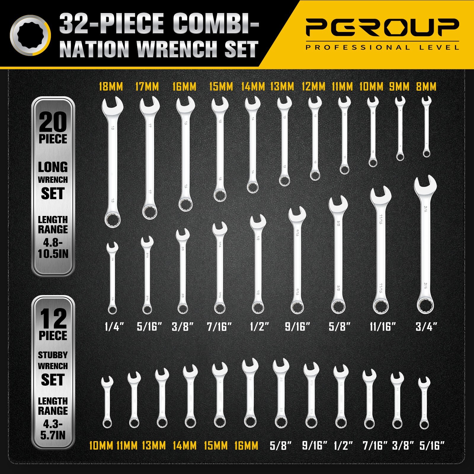 32 Piece SAE & Metric Combination Wrench Set, CR-V Steel Mirror Chrome Polished