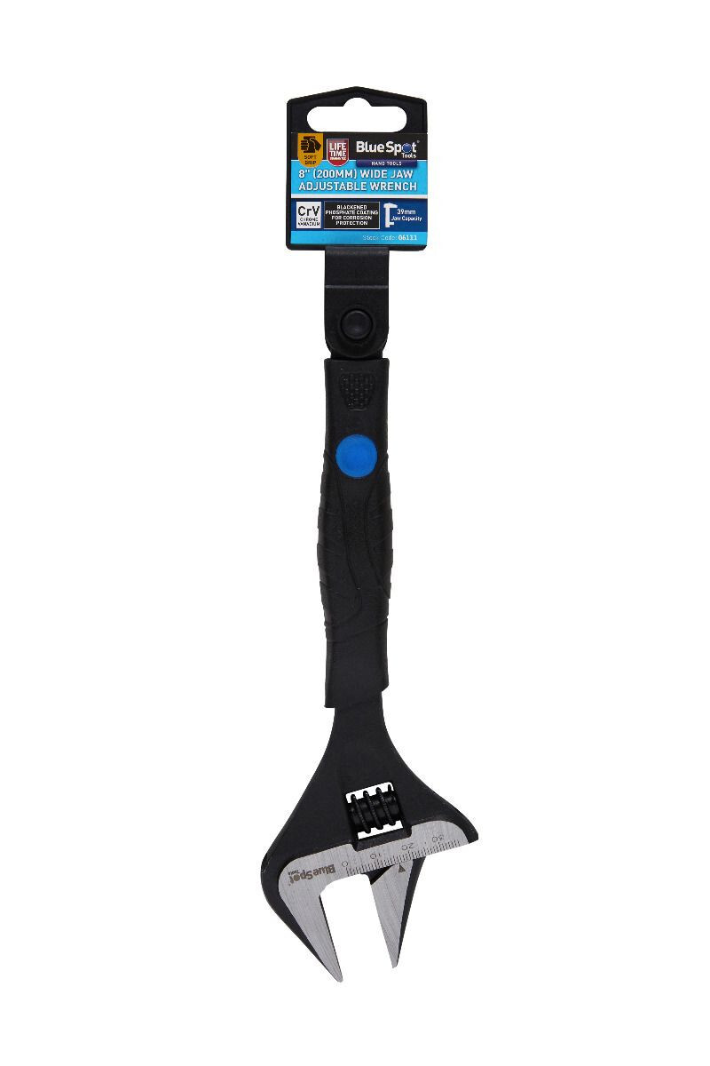 Blue Spot Tools 8» Wide Jaw Adjustable Wrench 39mm Jaw Capacity Soft Grip