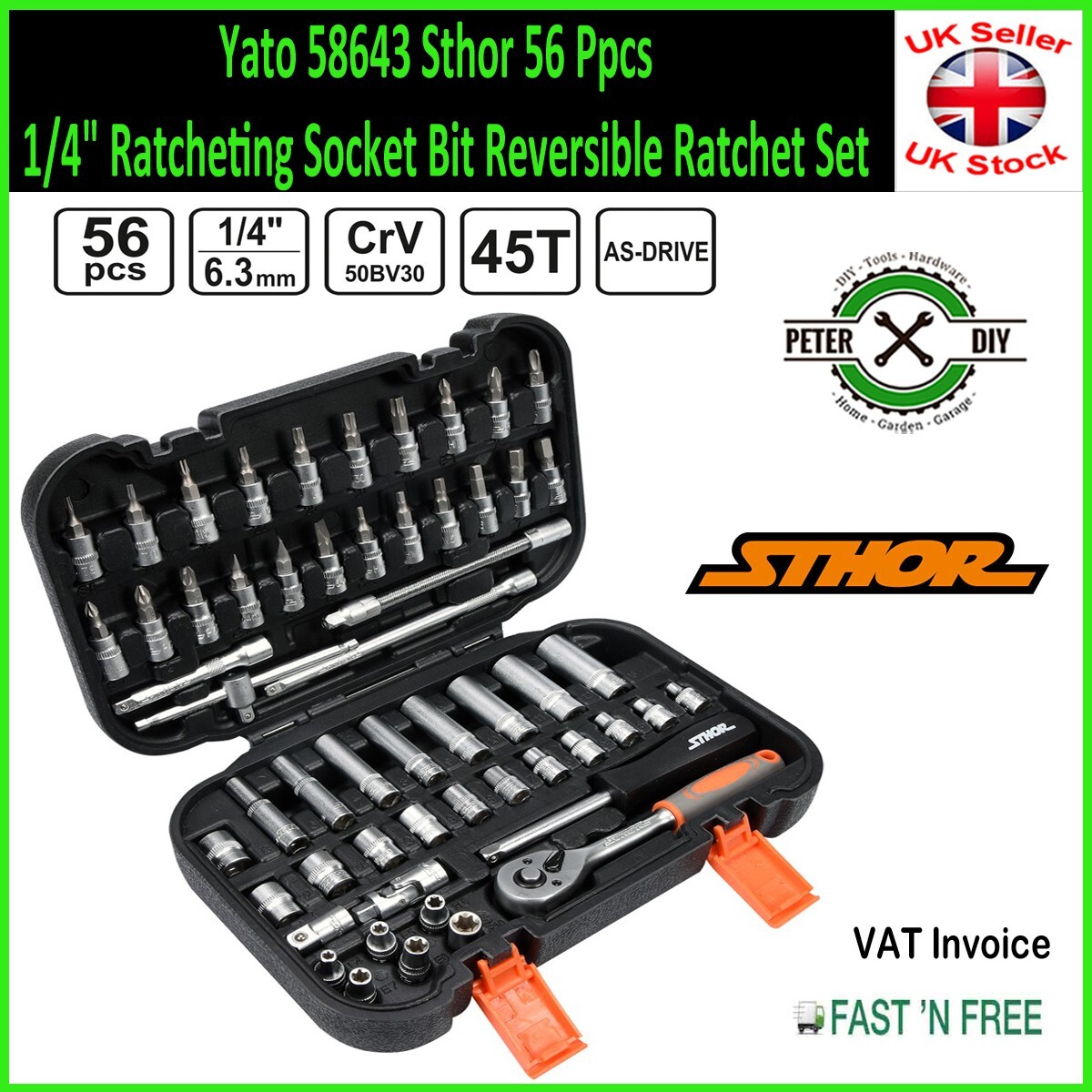 Yato 58643 Sthor 56 Ppcs 1/4″ Ratcheting Socket Bit Reversible Ratchet Set