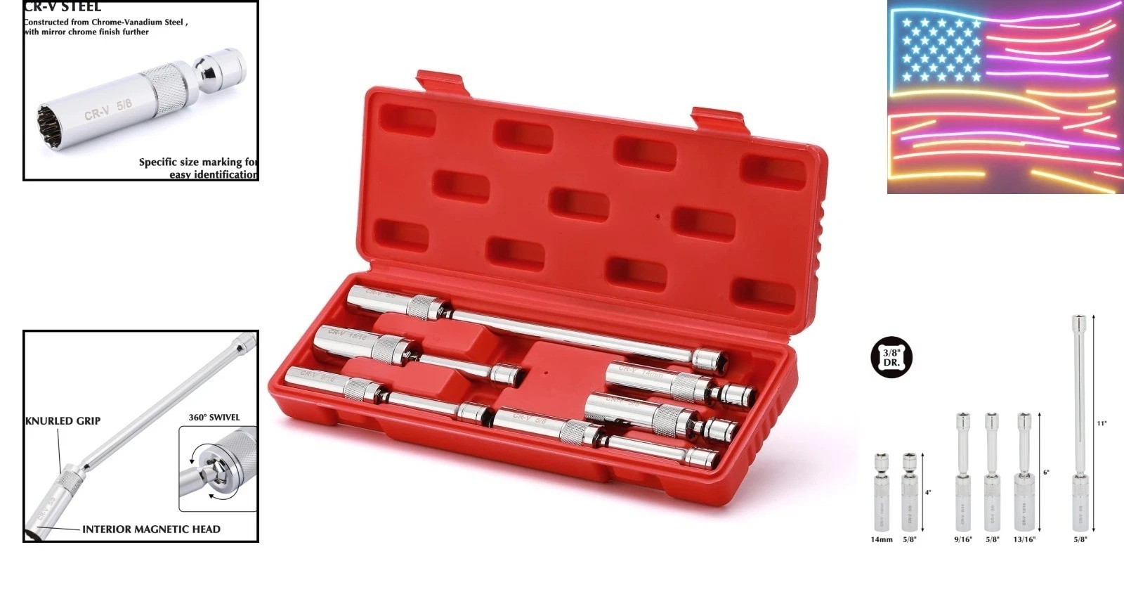 6PCS 3/8″ Drive Magnetic Swivel Spark Plug Socket Set, 12 Point, CR-V, Extens../