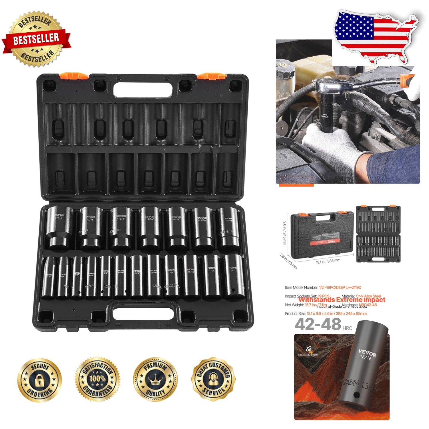 Vevor 19pc 1/2″ Impact Socket Set | Deep 6-Point Cr-V Alloy Steel | Rugged Co…