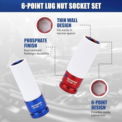 1/2″ Drive Thin Wall Deep Impact Socket Set – 4pcs Lug Nut Protector, 6 Point, M