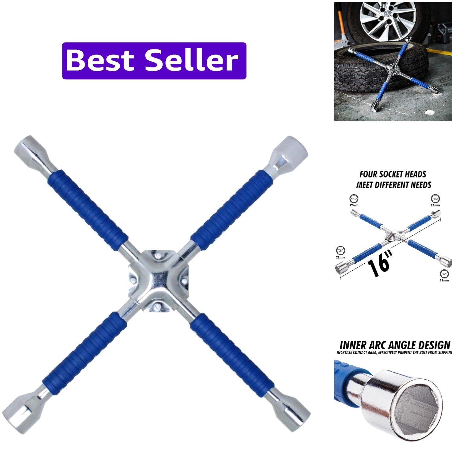 16 Inch Heavy Duty Non-Slip 4-Way Universal Cross Lug Wrench | Non-slip grip …