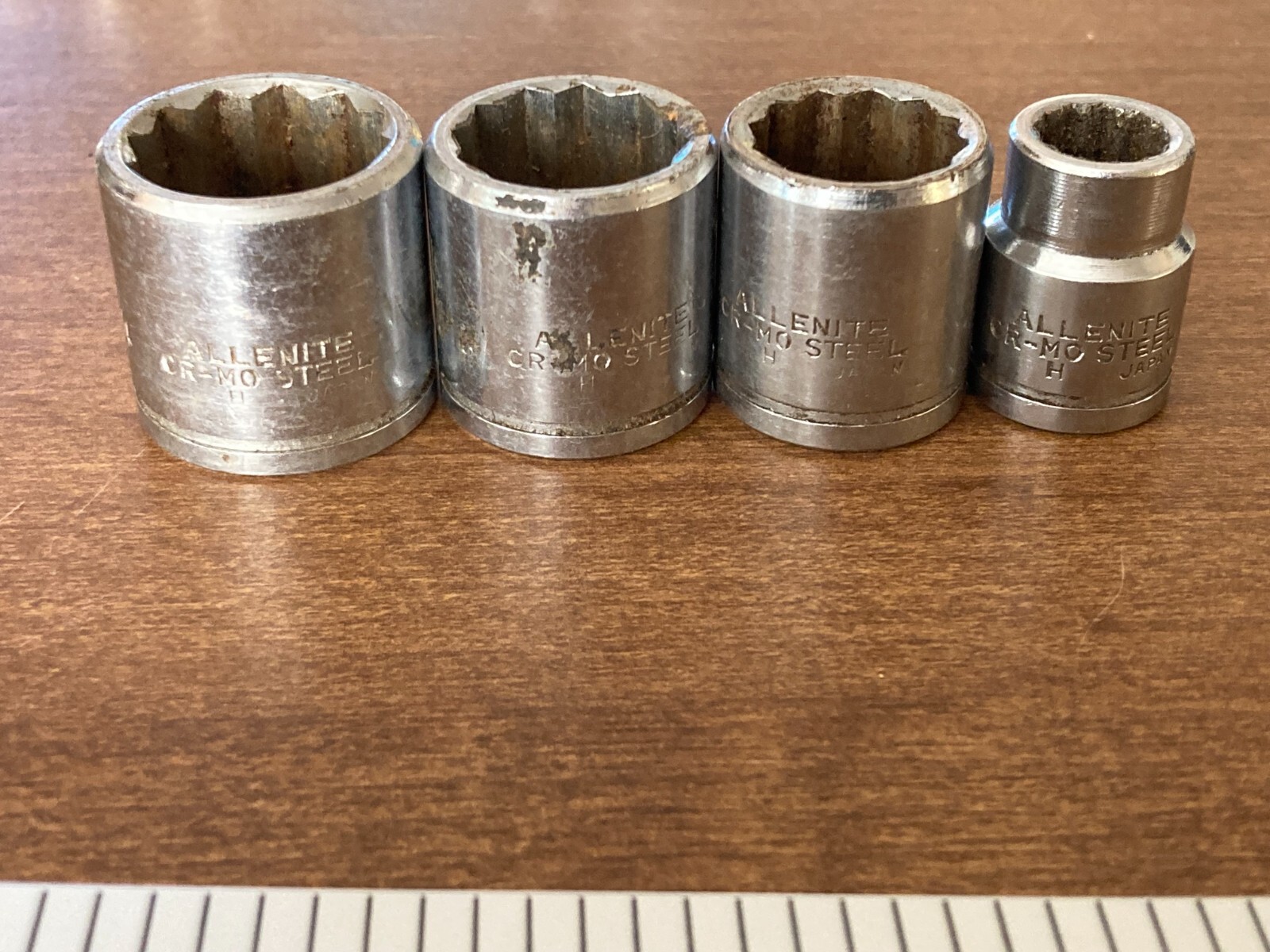 4 Vintage Allenite 1 1/16″ 3/4″ 5/8″ 3/8″ x 3/8″ Drive Shallow Sockets 12 Point