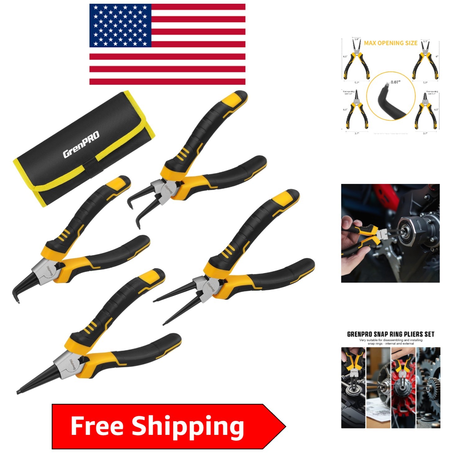 Versatile 4-Piece Circlip Pliers Set – 7-Inch Chrome Vanadium for Easy Use