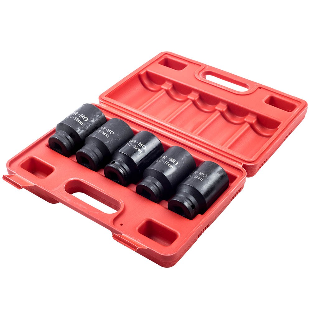 5Pcs 6 Point 1/2» Drive Deep Spindle Axle Nut Socket Set 33mm-34-35-36-38mm