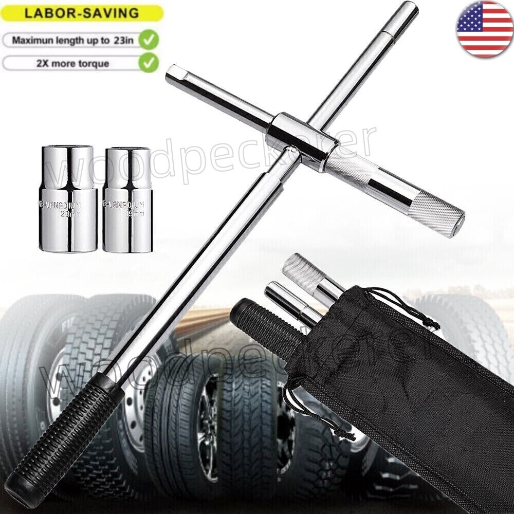 New Universal 23″ Extended Lug Wrench 4 Way Tire Iron Nut Wrench Set W/Socket US