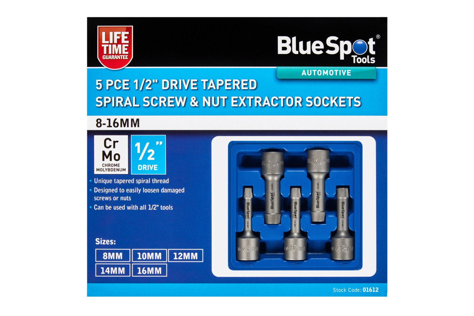 Blue Spot Tools Tapered Spiral Screw & Nut Extractor 1/2»D Socket 8 – 16mm