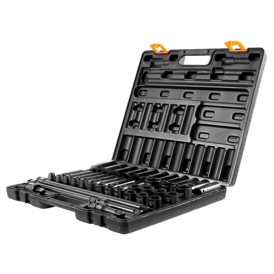 Impact Socket Set 1/2 Inch 43 Pcs Standard+Deep 9 to 30 MM 6-Point Extension Bar