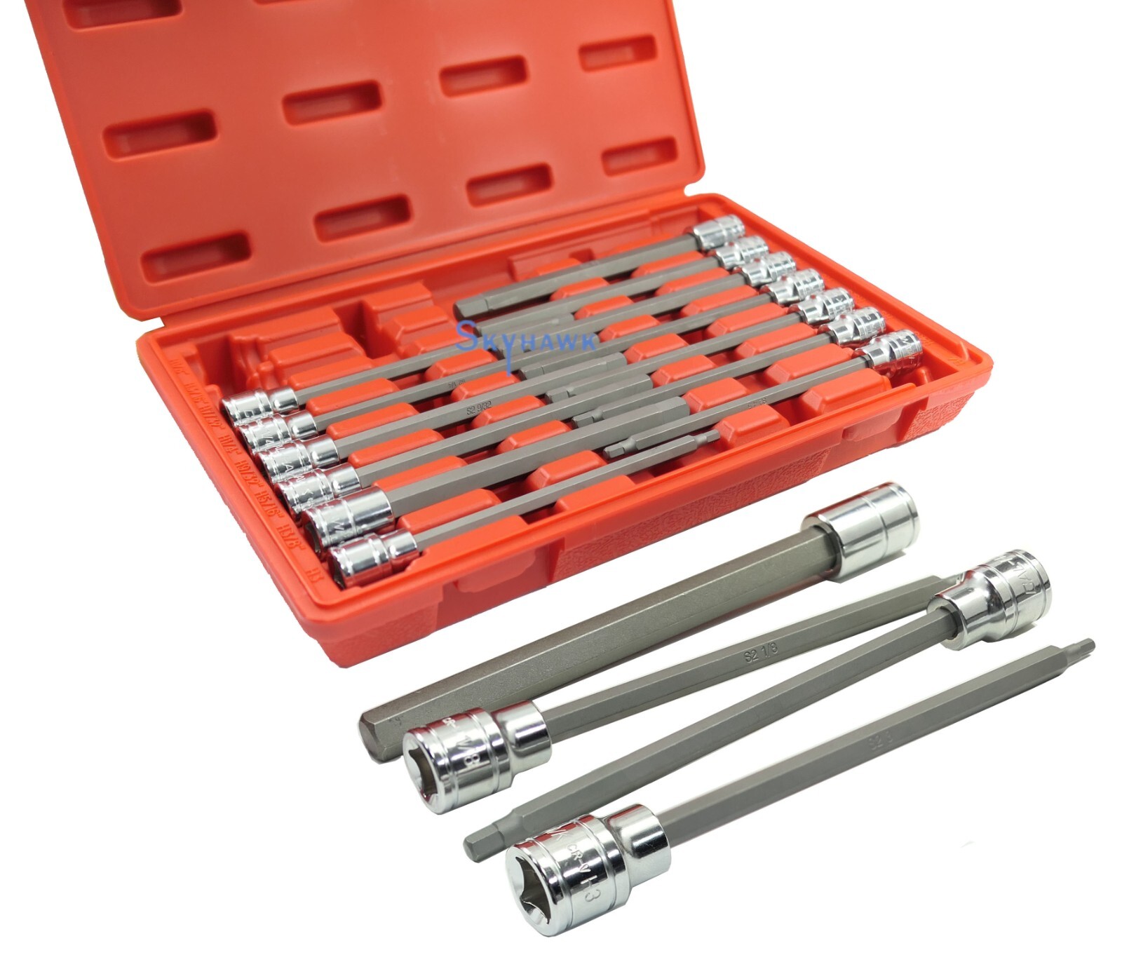 17pc 3/8″ DR CR-V/S-2 Material LONG Extension SAE+Metric HEX KEY BIT SOCKET SET